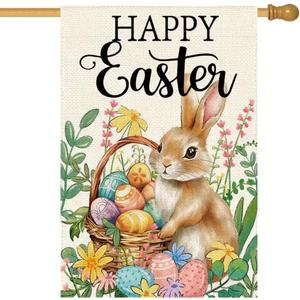 Happy Easter Bunny House Flag 28x40 Inch Double Sided Outside Rabbit Egg Floral Outdoor Large Garden Yard Flag Spring Seasonal Holiday Decoration