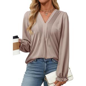 Dokotoo Womens Tops Casual Pleated V Neck Puff Long Sleeve T Shirts Loose Tunic Business Blouse (Small, Gray)