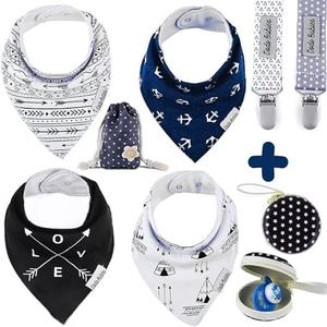 Dodo Babies Bandana Drool Bib Set Baby Essentials - 8-Piece Set Blue/Black/White - 24  Bibs, 12 Binky Clips & 6 Pacifier Case - Cotton w/Polyester Lining & Adjustable Snaps 3-24 Months