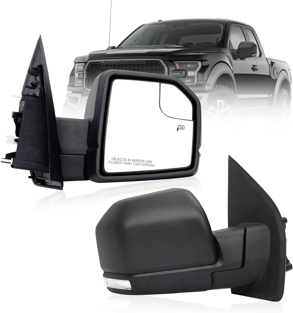 OFHZ Replacement Towing Mirrors, Side Mirror fit for 2015-2020 Ford F150, Power Adjustment, Amber Turn Signal, Black Textured Finish, Replaces OEM FL3Z17683CB, FL3Z17682CB (Black, Right, 15-20 6-pins)
