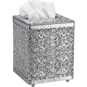 Sumnacon Tissue Box Cover Square Tissue Box with Lid, Metal Tissue Box Holder Stylish Tissue Cover Cube Tissue Box Cover for Bathroom Toilet Kitchen Table Desk Home Office, Silver