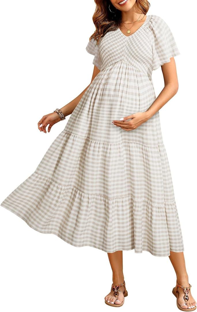 Maternity Dress for Baby Shower - 2025 Photoshoot Pregnancy Summer Midi Casual Flutter Sleeve Dress (Large, Khaki Plaid)