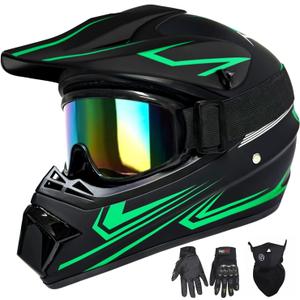 Youth Kids Motocross Helmet, Adult ATV Dirt Bike Helmet with Goggles Gloves & Mask Quick, Full Face Motorcycle Helmet with Quick Release Buckle DOT Certified (Medium, Green)