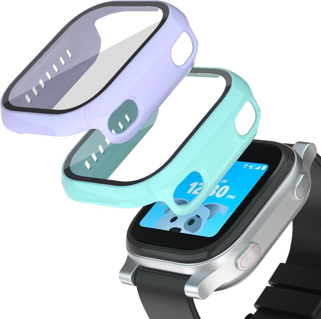 Compatible with AT&T amiGO Jr Watch Screen Protector, 2Pack Hard PC and Tempered Glass Case Cover for amiGo Kids Smartwatch Accessories, Anti-Scratch and Touch Sensitive (Teal+Purple)