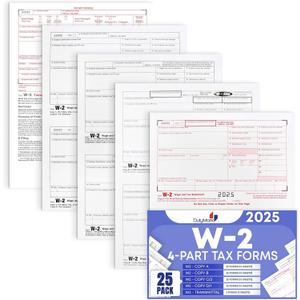 W2 Tax Forms for 2025 4 Part, IRS-Compatible 4 Part W2 Tax Forms for 25 Employees - Kit of Laser Forms with 3 W3s, Compatible with Quickbooks Software & Laser, Inkjet Printers, (25 No Envelopes)