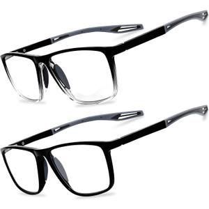 2 Pack Reading Glasses for MenSports Style Blue Light Blocking Readers with Anti Glare Filter Lightweight Eyeglasses (Black&gradual Black(with Spring Hinge))