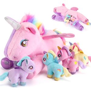 gnomantic 5 Pieces Unicorn Stuffed Animals - 1 Mommy Stuffed Unicorn with 4 Babies - Unicorns Gifts for Girls Ages 3-8, Unicorns Plush Toys for Christmas, Valentine's, Birthday Gifts (Pink & Purple)