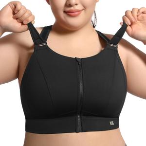 High Impact Sports Bras for Women Adjustable Zip Front Plus Size Workout Bra Full Coverage Removable Padded Running (Medium, Black)