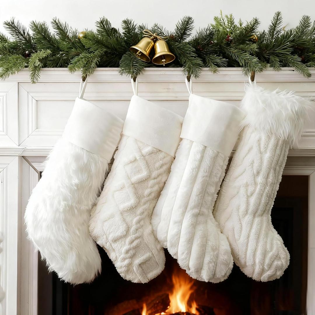 4 Pcs Christmas Plush Stockings 18 Inch Large Snow White Faux Fur Xmas Stocking with 4 Styles Textured Patterns Holiday Classic Hanging Ornaments Socks for Xmas Home Party Fireplace Decor
