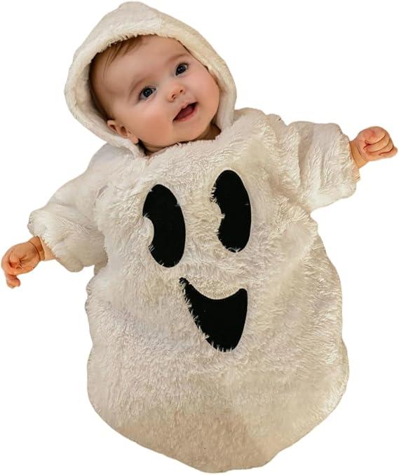 Infant Baby Boy Girl Halloween Outfit Ghost Costumes One Piece Hoodie Romper Bodysuit Cute Fall Winter Clothes Size 9-12M