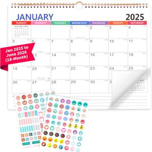 Wall Calendar 2025-2026 January 2025 to June 2026-18 Months Calendar 14.7 x 11.5 In, Thick Paper, Ruled Blocks, Holidays, Notes, Julian Dates, with Creative sticker, Gift for Christmas New Year