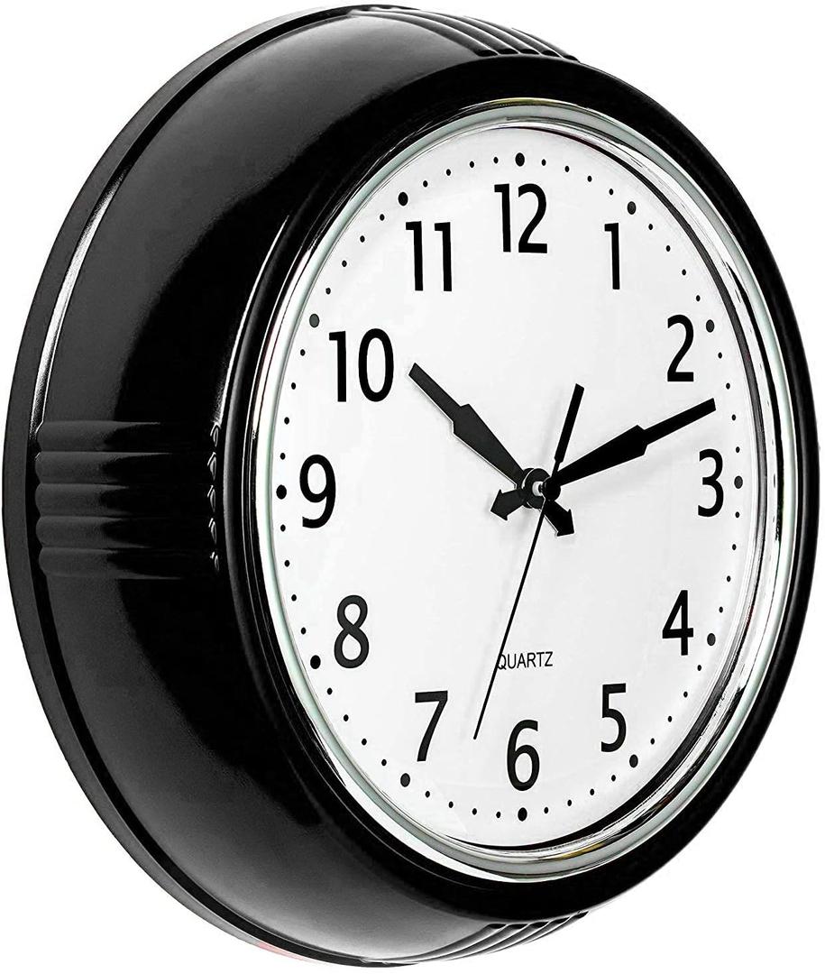Bernhard Products Black Wall Clock Retro Silent Non Ticking 9.5 Inch Round Battery Operated Quality Quartz Easy to Read for Home Kitchen Office Classroom School Clocks Sweep Movement Vintage 
