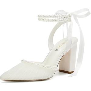 Pearl Heels Wedding Shoes for Bride Closed Toe Bridal Heels Comfortable Bridal Shoes, 10, Ivory