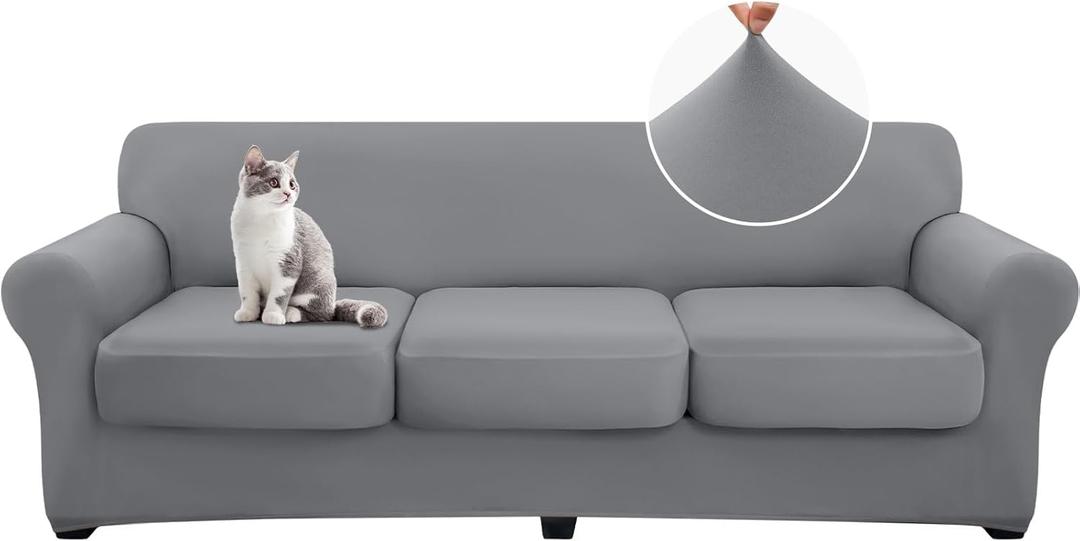 hyha 4 Pieces Couch Covers for 3 Cushion Couch, Sofa Covers Washable Soft Sofa Slipcovers, Stretch Couch Covers for Dogs, Furniture Protector with Elastic Straps (Sofa, Grey) (Large)