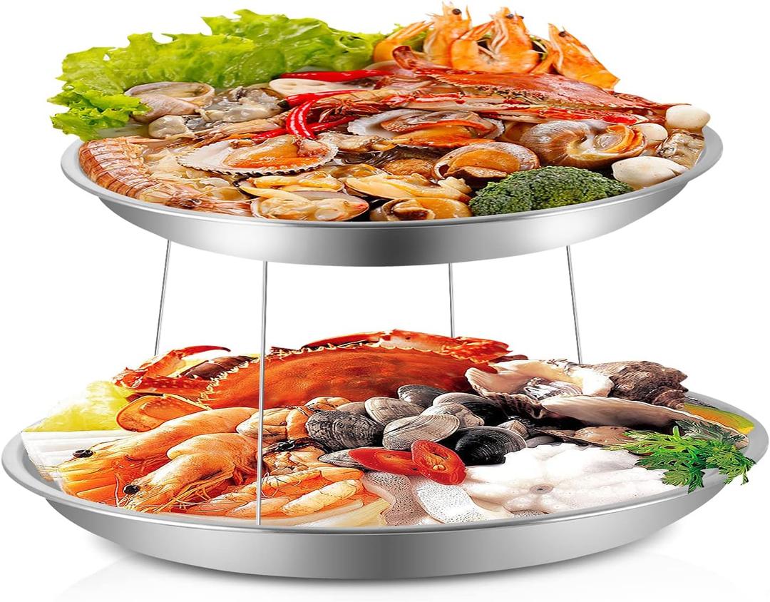 2-Piece Aluminum Seafood Platter - 16" Round Tray with 14" Oyster Section, Silver(Not Include Seafood Racks)