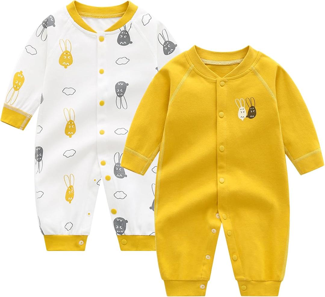 Newborn Baby Boys 2 Pack Cotton Romper Outfits Infant Long Sleeve One-Piece Toddler Button Jumpsuits, 3-6months