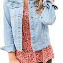 Vetinee Womens Stretch Button Down Long Sleeve Pockets Denim Jean Trucker Jacket (Blue, XXXL)