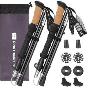 Collapsible Hiking Poles Folding Trekking Poles Walking Stick Lightweight Aluminum Hiking Gear with Metal Quick Lock,Cork Handle,Adjustable 2 PC Stick for Seniors Women Men (Black)