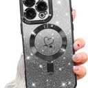 NITITOP Compatible with iPhone 16 Pro Case Cute Clear Glitter [Compatible for MagSafe] Plating Heart Sparkle Bling Magnetic Girl Women Electroplated Frame Camera Protection Back Cover - Black