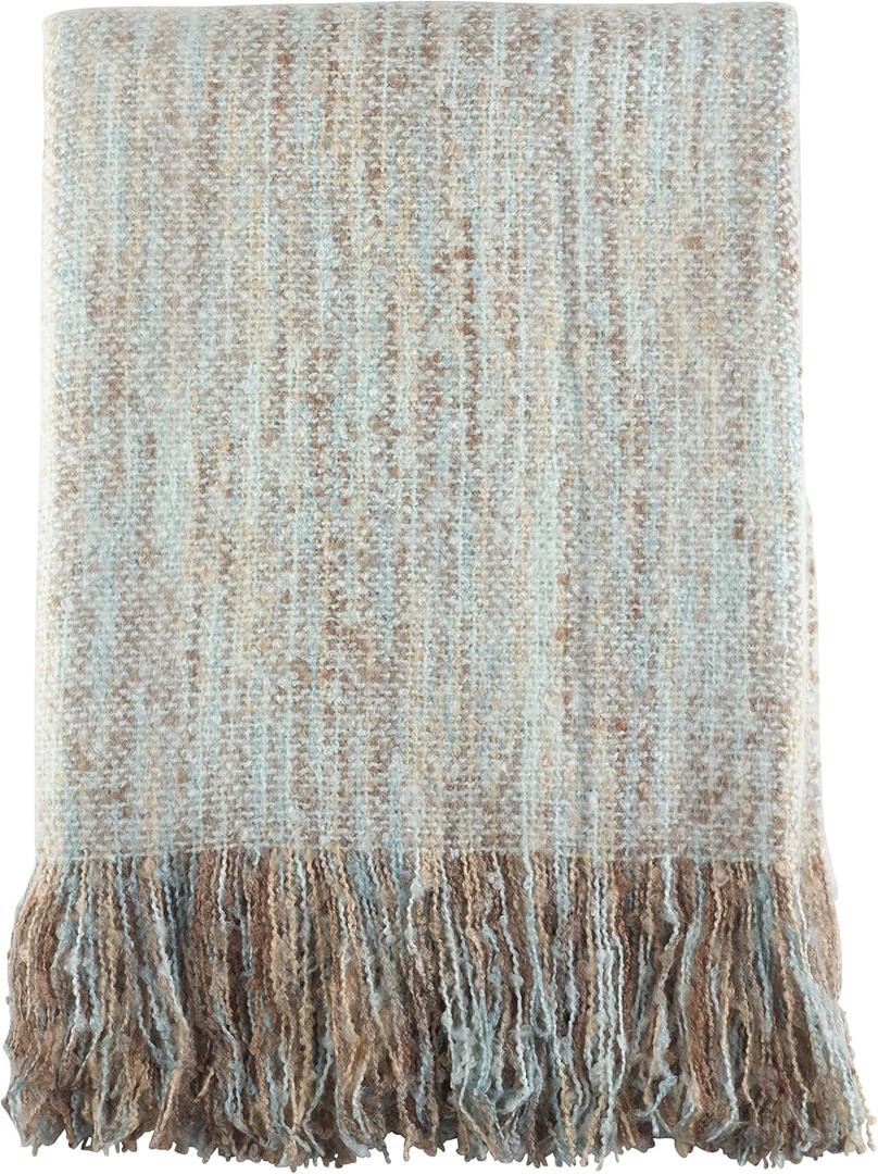 SARO LIFESTYLE Faux Mohair Fringe Throw Blanket  Lightweight Reversible Acrylic Throw for Cozy Layering, Couch & Bed Styling, Aqua, 50"x60"