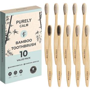 Bamboo Toothbrushes Set 10-Pack (8 Standard + 2 Charcoal Bristle) 2 Dental Floss as a Bonus - Eco-Friendly, Biodegradable Soft Bristle Toothbrush, Wooden Toothbrush for Adults & Kids