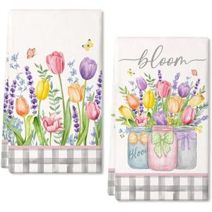 ARKENY Lavender Tulip Spring Kitchen Towels Dish Towels Set of 2,Pink Floral Hand Towels 18x26 Inch Drying Dishcloth,Farmhouse Home Seasonal Spring Decorations AD273