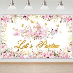 Avezano Tea Party Backdrop Floral Butterfly Glitter Let's Partea Banner Afternoon Tea Baby Shower Birthday Party Decorations 70.8 x 43.3 Inch (Pink)