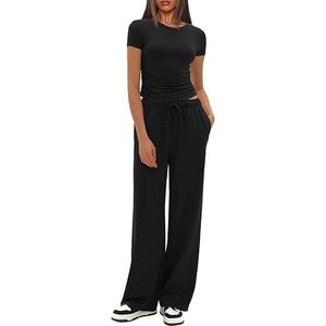 Darong Women's 2 Piece Outfits Casual Short Sleeve Pullover Tops and Wide Leg Pants Tracksuits Lounge Sets Trendy Clothes (Coffee(31" Inseam)) Darong Women's 2 Piece Outfits Casual Short Sleeve Pullover Tops and Wide Leg Pants Tracksuits Lounge Sets Trendy Clothes (Coffee(31" Inseam))