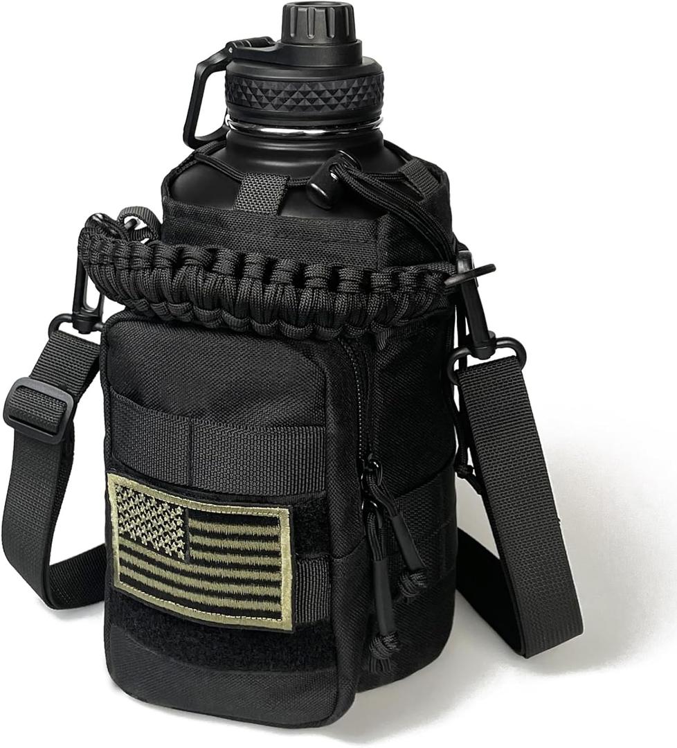 64 Oz Water Bottle with Sleeve - Half Gallon Big Insulated Water Jug with Strap Stainless Steel Gym Water Bottles for Men Sports Workout Hiking All Black