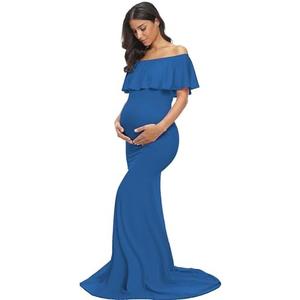 Glampunch Womens Off Shoulder Maternity Dress Ruffles Elegant Slim Gowns Fit Maxi Photography Dress M