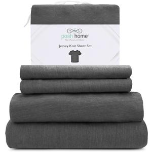 Posh Home Jersey Knit Sheet Set – 4-Piece Jersey Bed Sheets – T-Shirt Breathable & Soft Cotton Jersey Sheets - Includes Flat Sheet, Jersey Fitted Sheet, & 2 Pillowcases - King Jersey Sheets, Gray