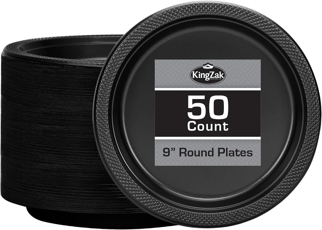 Black Plastic Plates 9 Inch - 50 count - Plastic Solid Round Party Plates For Weddings, BBQs, Birthday Plates - Disposable Black Plates - Plastic Dessert Plates