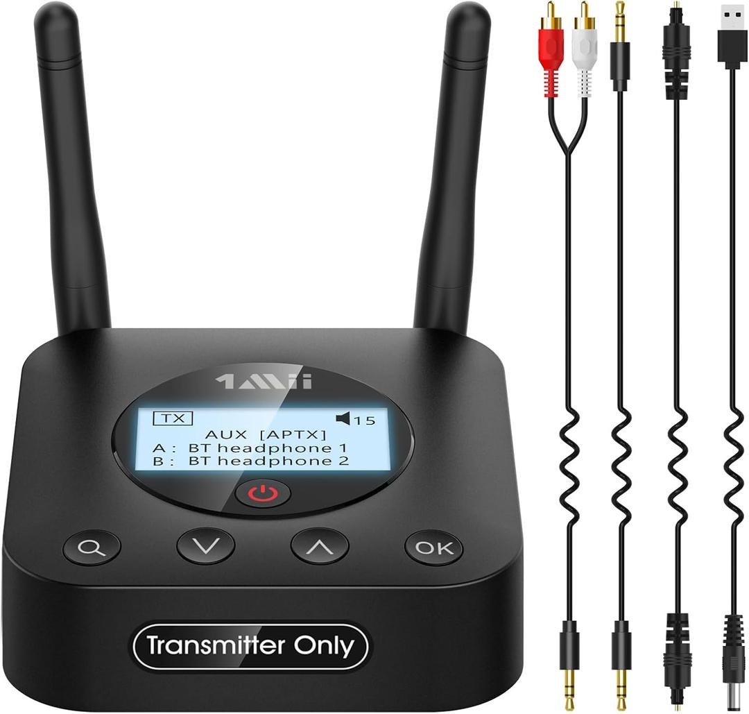1Mii B06TX+ Long Range Bluetooth 5.2 Transmitter for TV/PC/Projector to 2 Wireless Headphones/Speakers, Bluetooth Adapter for TV w/Screen Display Plug n Play, aptX Low Latency & HD Audio (black)