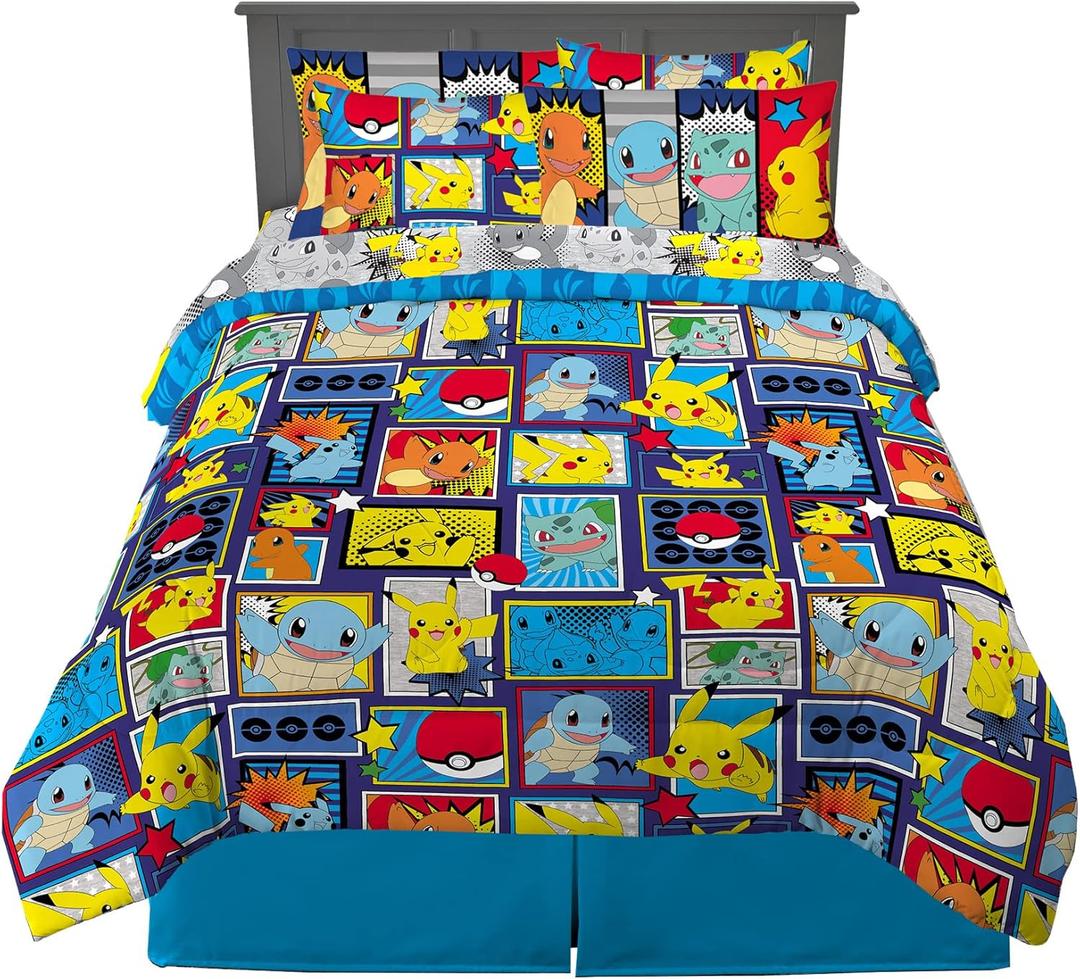 Pokmon Pikachu Full Size Bedding Set Kids Bedding Super Soft Cozy Reversible Comforter and Sheet Set with Sham, 7 Piece Full Size, (Officially Licensed Product) by Franco