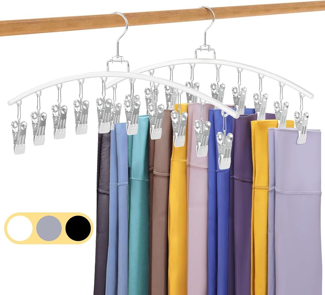 2 Pack Legging Organizer for Closet 360 Swivel, Space Saving Metal Gym Clothes Hangers w/20 Clips Holds 20 Leggings, Closet Organizers and Storage, Room Organization Essentials, White