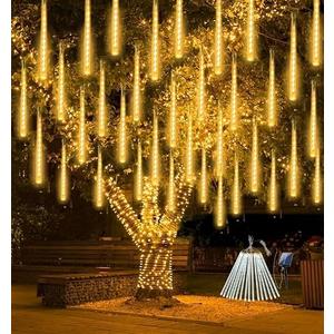 Solar Meteor Shower Lights Outdoor, Waterproof Christmas Lights Decorations Solar Powered 16 Tubes 384LED Icicle String Light, Snow Cascading Rain Drop Light for Xmas Tree Garden Decor (Warm White)
