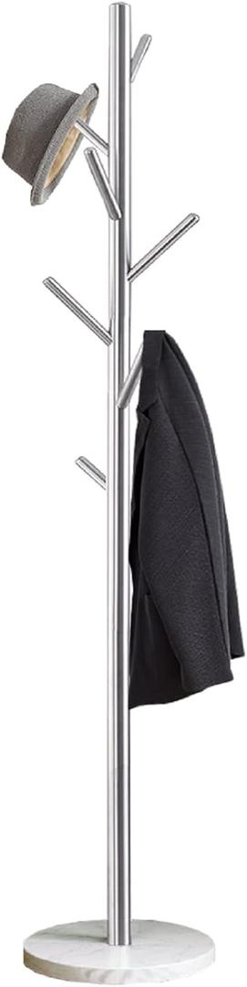 Sliver Metal Coat Rack Stand, Branches Coat Tree Entryway, Freestanding | Modern Hat Rack with Hooks, Coat Hanger Floor Free Standing, Easy to Assemble, Heavy Stable Marble Base