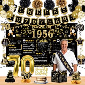 70th Birthday Decorations for Men Women,18PCS 1956 Banner Decorations,Including 3 Honeycomb Topper,75 Balloons,Cheers to 70 Years Banner,6 Hanging Swirl,4 Paper Poms,Anniversary Card,Sash