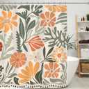 Boho Floral Shower Curtain with Tassels, Abstract Flower Tassel Shower Curtain for Bathroom 72x72 Inch Waterproof Fabric Set with 12 Hooks Bohemian Country Modern Bath Curtain Bathtub Decor