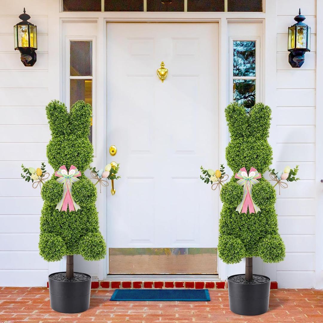 Yunlly 35" Easter Day Artificial Bunny Shaped Topiary Trees Set of 2, Uv-Resistant Faux Boxwood Rabbit Decor with Pink Bow & Easter Egg Picks, Indoor Outdoor Porch Entryway Spring Decorations