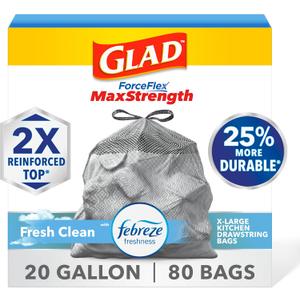 Glad ForceFlex MaxStrength Kitchen Trash Bags, 20 Gal, Fresh Clean Febreze, 80 Ct (Package May Vary)