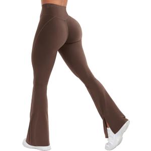 VOYJOY Womens Split Hem Legging Workout High Waist Mini Flared Leggings Casual Workout Gym Yoga Pants (Large, Coffee)