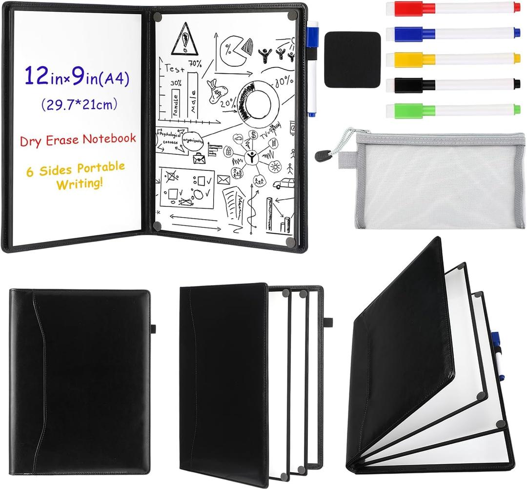 6 Sides Dry Erase Whiteboard Notebook Portable Notebook White Boards 12"x9"(a4) Small Folding Whiteboard Anti-ghosting Surface, Travel Dry Erase Mini White Board for Office, School, Study (Black)