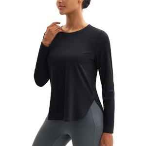 MAGCOMSEN Women's Sun Shirts UPF 80+ Long Sleeve Quick Dry Workout Tops | Moisture-wicking, Sun Protection, UV Protection, High Side Splits, Soft, Lightweight, Athletic, Running, Hiking, Yoga, Golf (Black, XL)