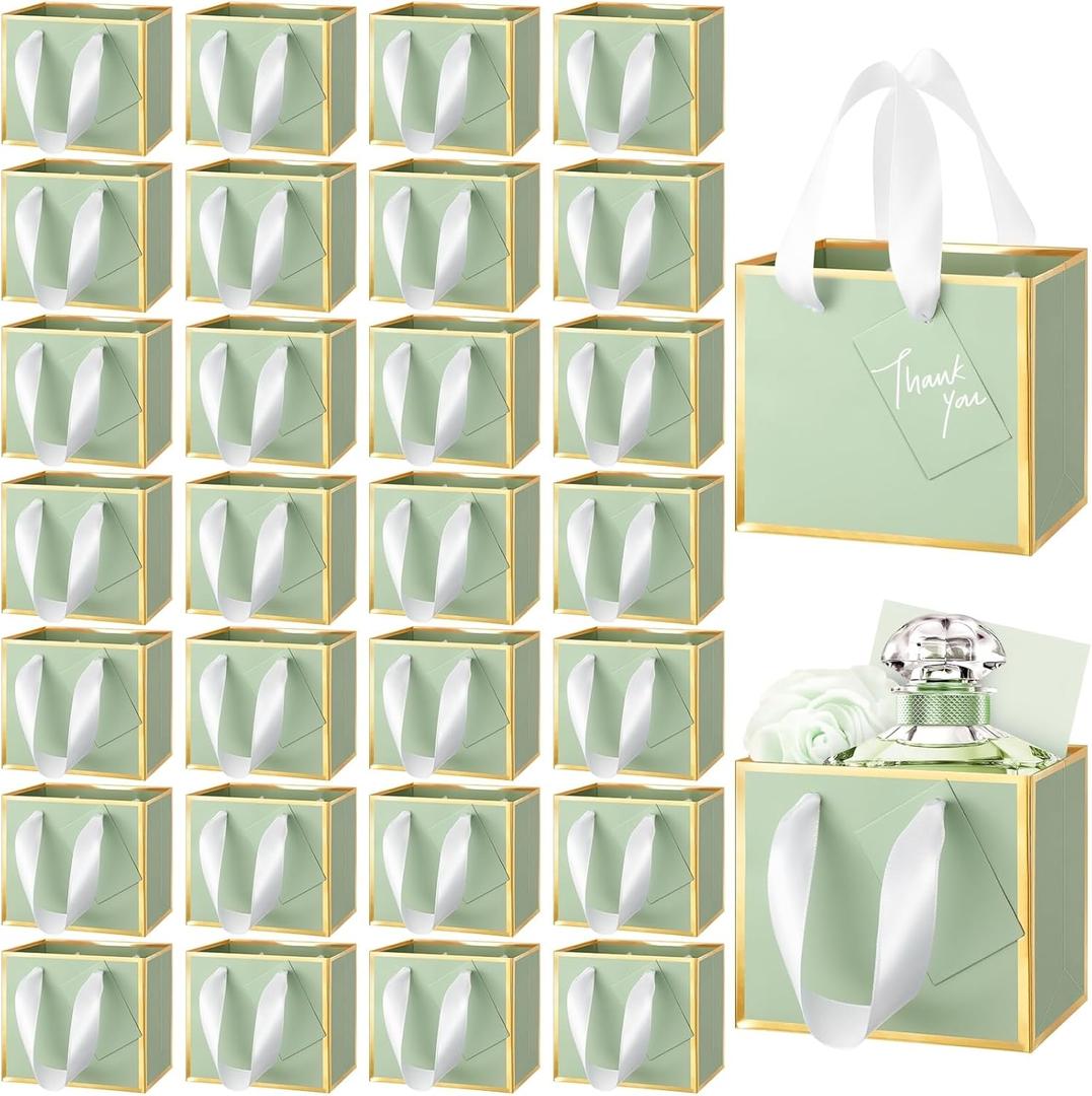 Yeaqee 50 Pcs Mini Metallic Gift Bags with Handles 4x4.75x2.25'' Tiny Thank You Favor Bags with Tag for Easter Mother's Day Wedding Spring Welcome Baby Shower Graduation Birthday (Sage Green,Gold)