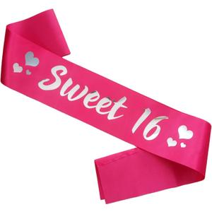 Sweet 16 Birthday Sash, Silver Foil Hot Pink Sweet 16 Birthday Sash for Girl 16th Bday Party Favors Gifts Suppiles