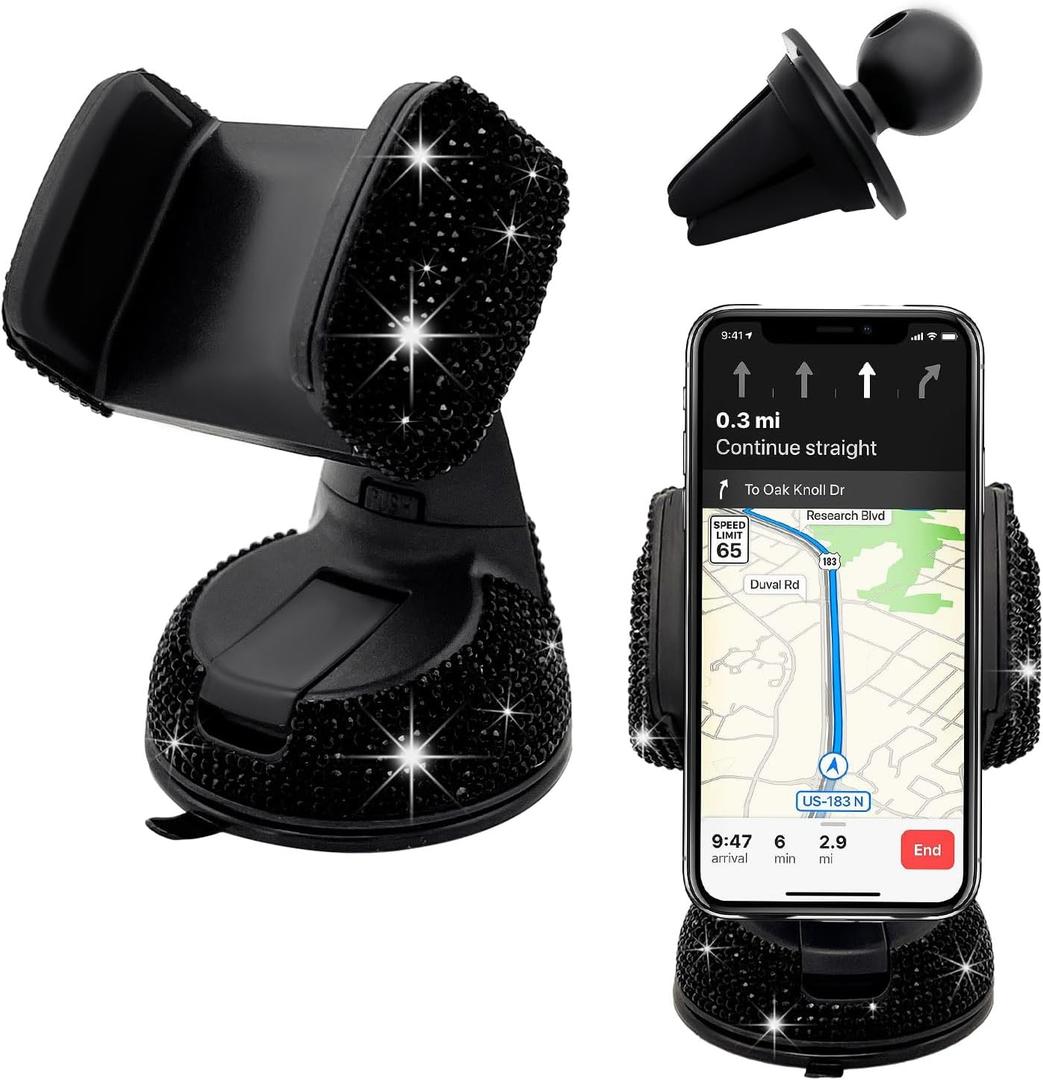 Bling Car Phone Holder, 360 Degree Adjustable Crystal Auto Dashboard Air Vent Cell Phone Mount, Universal Car Phone Holder Mount for Windshield Dashboard and Air Outlet (Black)