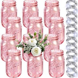 Tioncy 12 Pcs Painted Mason Jars for Table Glass Decorative Jars with 12 Light Strings for DIY, Wedding, Graduation, Bridal Shower, Housewarming, Home Decoration (Pink)