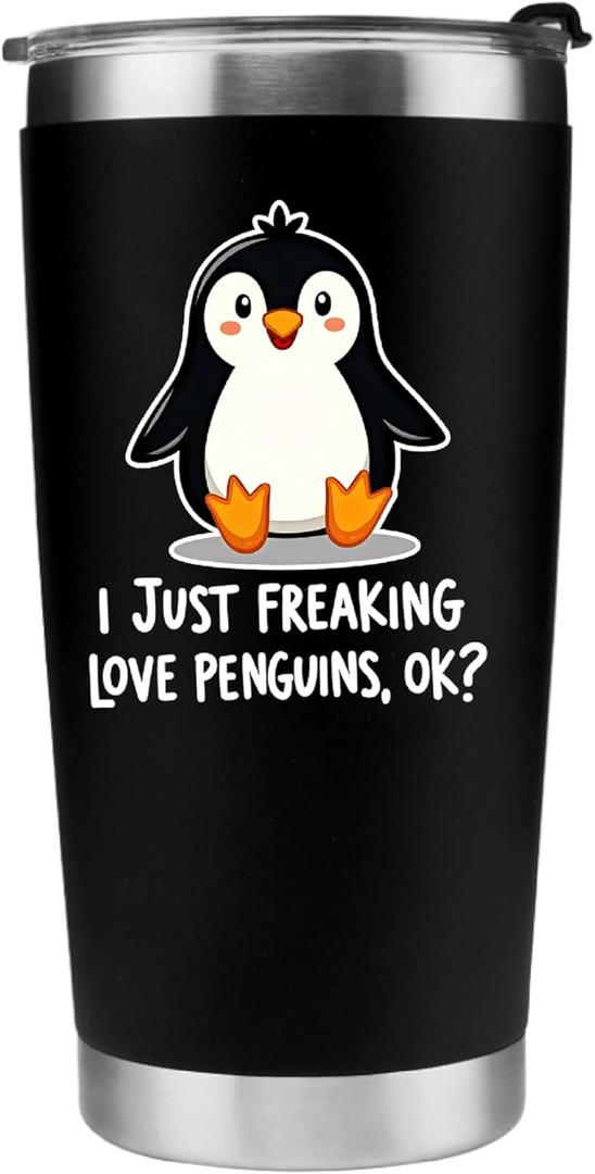 Panvola I Just Freaking Love Penguins Ok? Penguin Lovers Gifts For Women Men Water Animal Lovers Vacuum Insulated Stainless Steel Tumbler with Removable Lid and Straw 20 oz Black