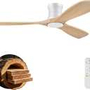52 Wood Ceiling Fans with Lights Remote,Low Profile Flush Mount Ceiling Fan with Light,Outdoor Indoor Modern Ceiling fans for Bedroom Living room Patio,Light Wood&White,3 Blades,Dimmable LED,Quiet, 52-Remote Control